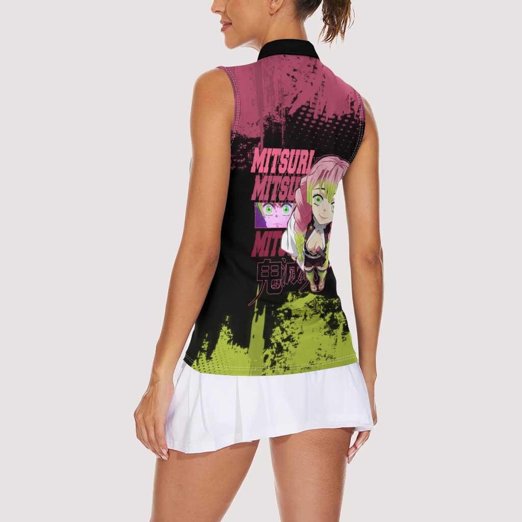 Mitsuri Kanroji Demon Slayer Pink and Green Grunge Design Women Sleeveless Polo Shirt with Heart Eyes and Playful Pose - The Mazicc