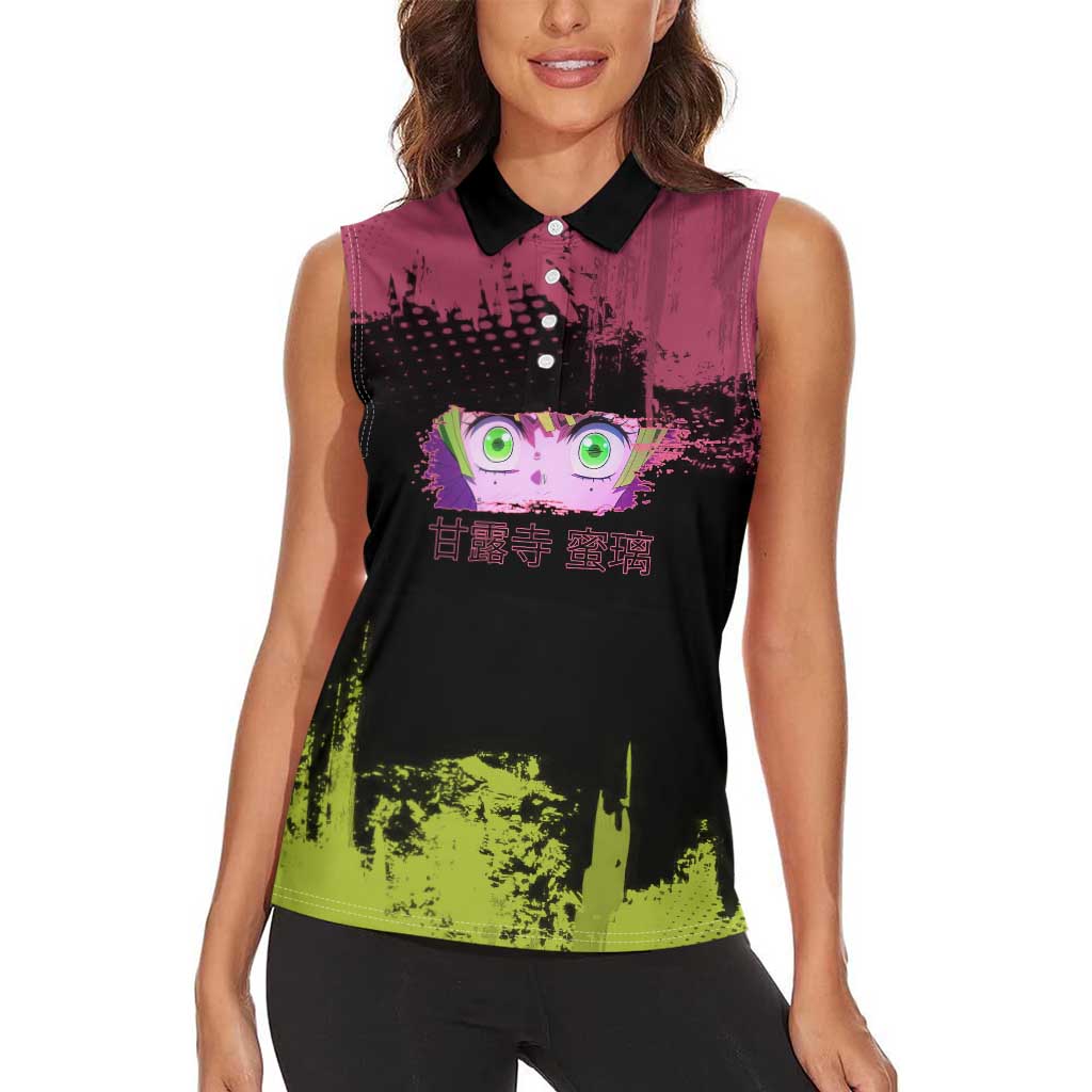 Mitsuri Kanroji Demon Slayer Pink and Green Grunge Design Women Sleeveless Polo Shirt with Heart Eyes and Playful Pose - The Mazicc