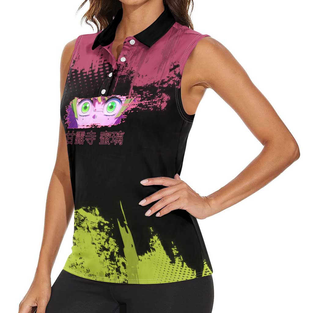 Mitsuri Kanroji Demon Slayer Pink and Green Grunge Design Women Sleeveless Polo Shirt with Heart Eyes and Playful Pose - The Mazicc