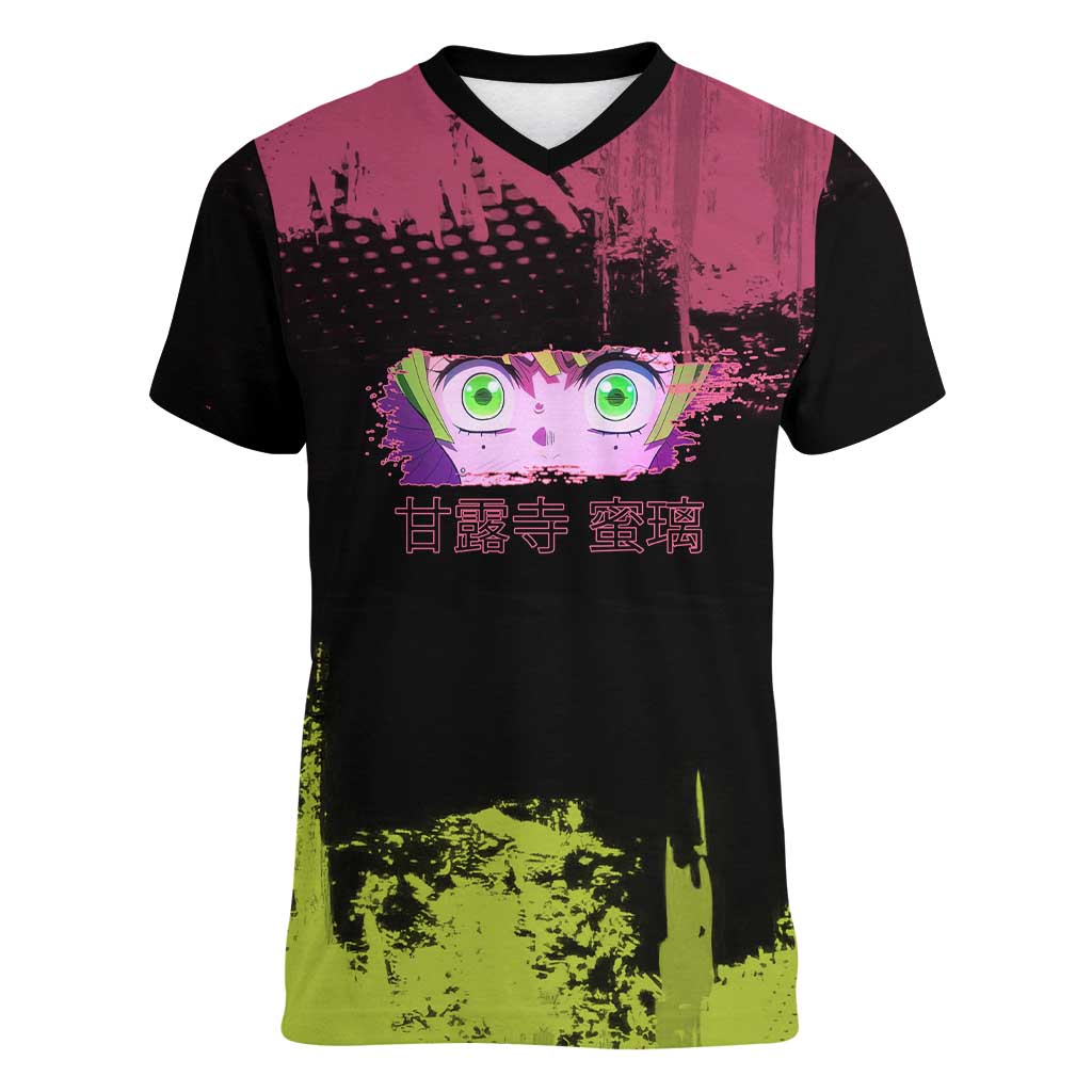 Mitsuri Kanroji Demon Slayer Pink and Green Grunge Design Women V-Neck T-Shirt with Heart Eyes and Playful Pose - The Mazicc
