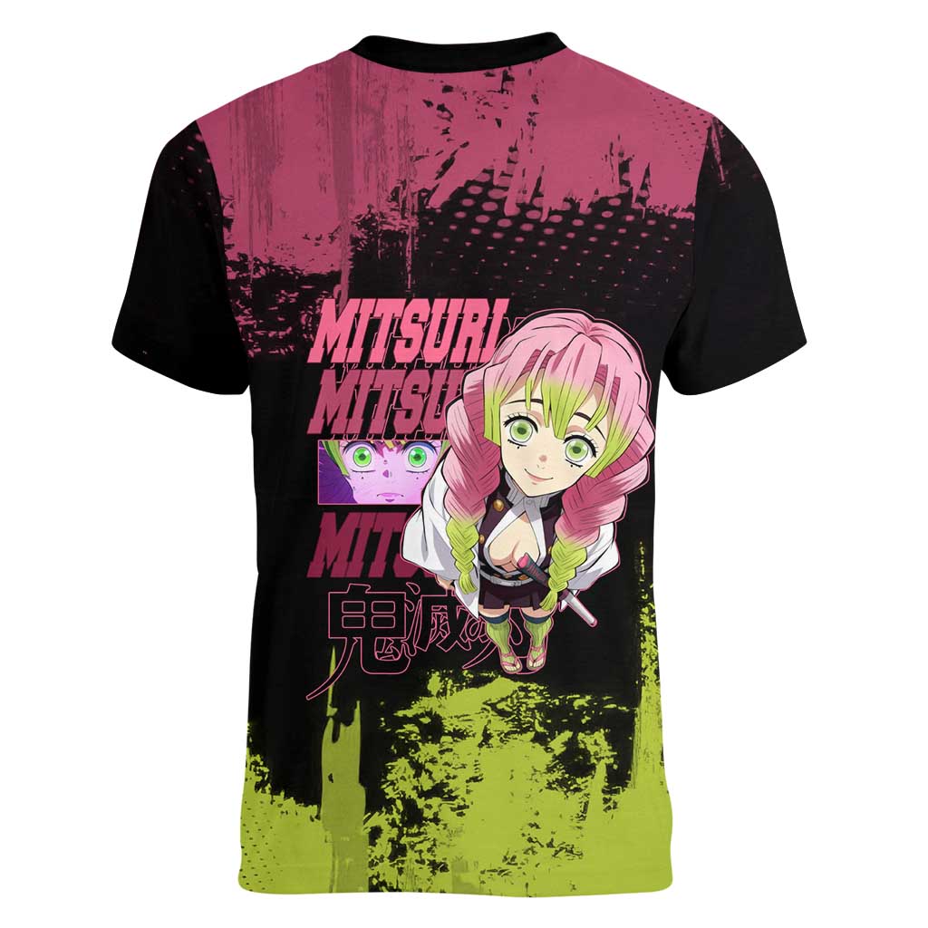 Mitsuri Kanroji Demon Slayer Pink and Green Grunge Design Women V-Neck T-Shirt with Heart Eyes and Playful Pose - The Mazicc