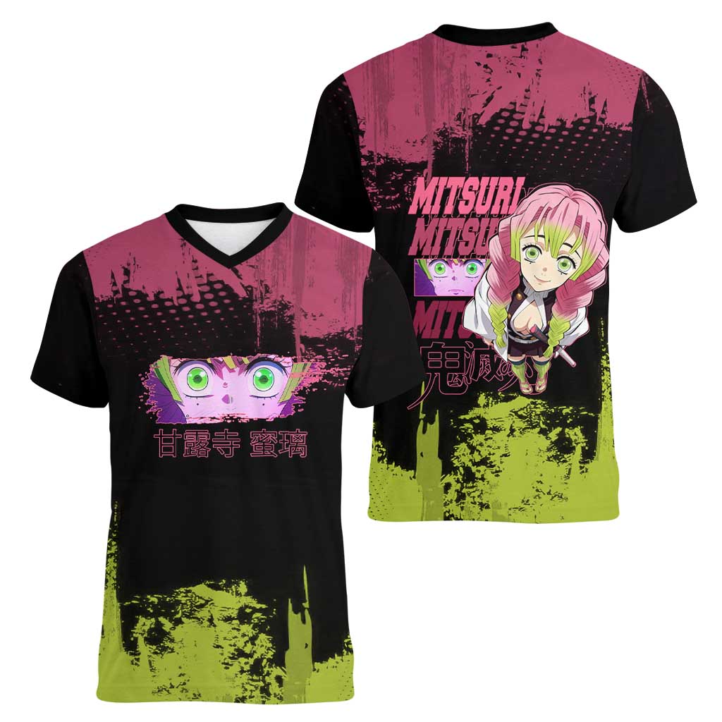 Mitsuri Kanroji Demon Slayer Pink and Green Grunge Design Women V-Neck T-Shirt with Heart Eyes and Playful Pose - The Mazicc