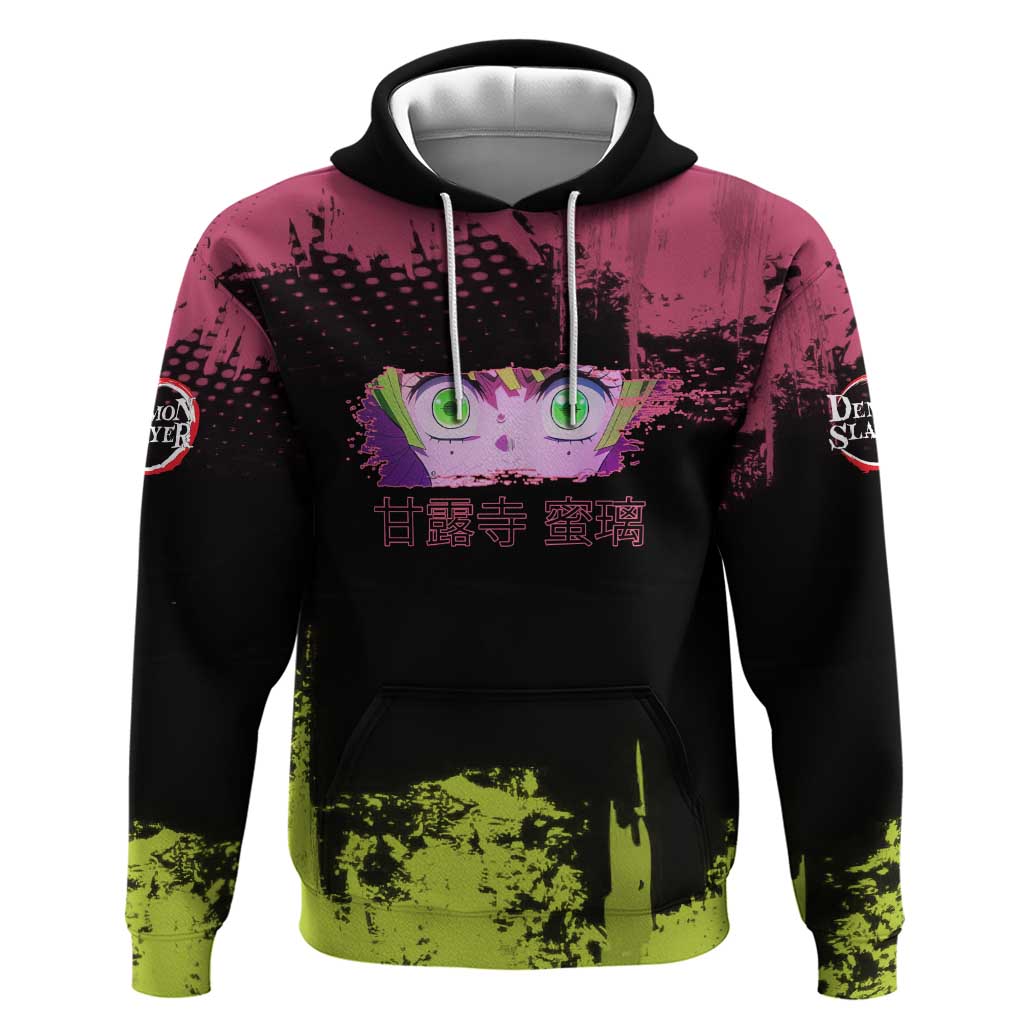 Mitsuri Kanroji Demon Slayer Pink and Green Grunge Design Zip Hoodie with Heart Eyes and Playful Pose - The Mazicc