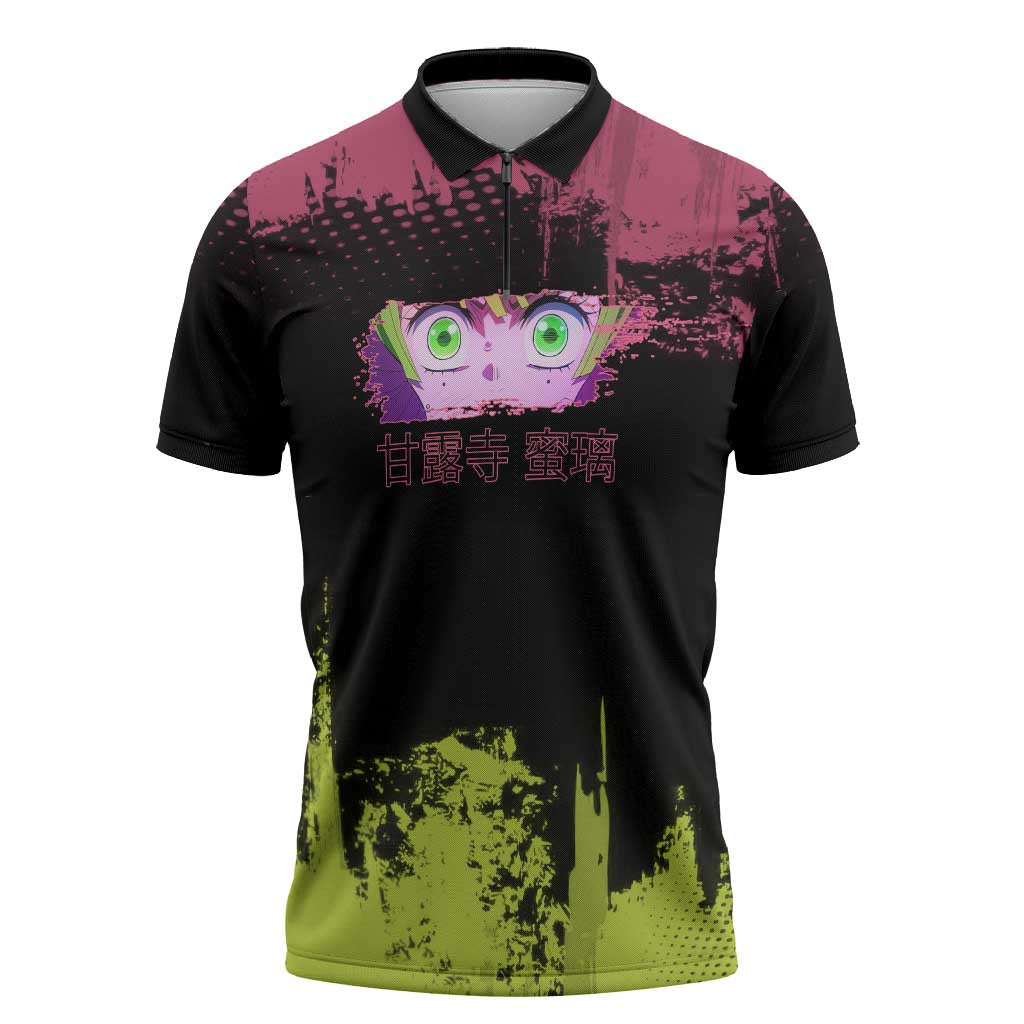 Mitsuri Kanroji Demon Slayer Pink and Green Grunge Design Zipper Polo Shirt with Heart Eyes and Playful Pose - The Mazicc