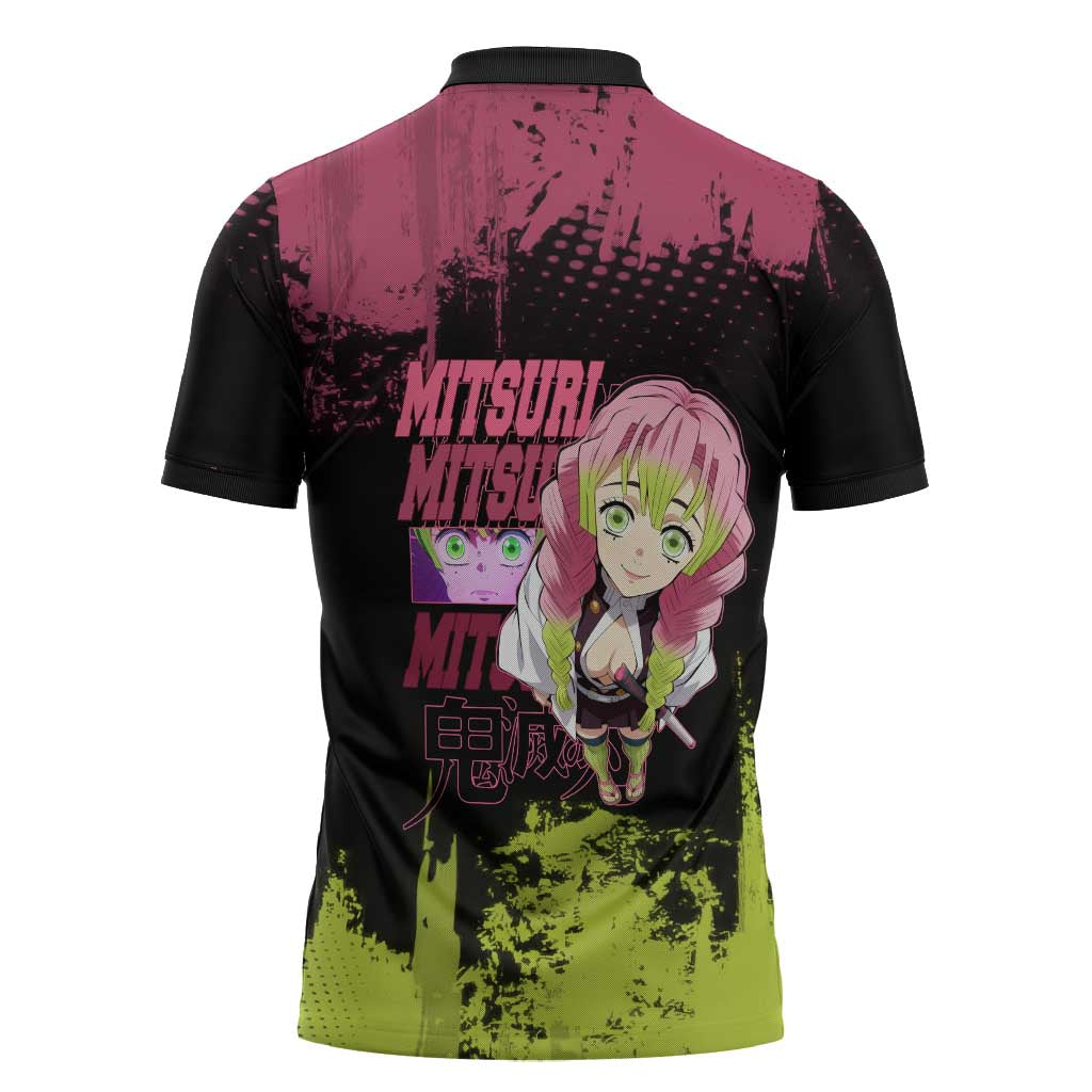 Mitsuri Kanroji Demon Slayer Pink and Green Grunge Design Zipper Polo Shirt with Heart Eyes and Playful Pose - The Mazicc