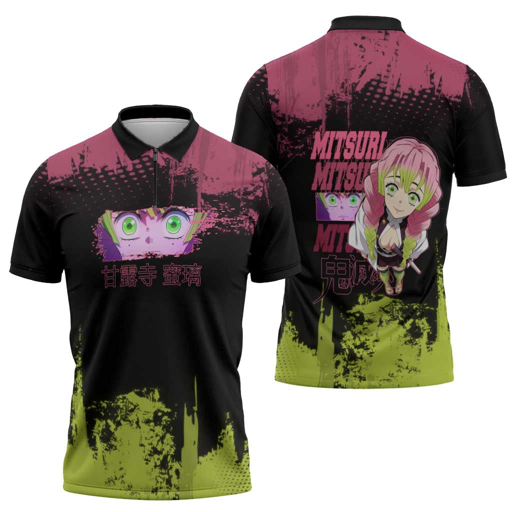 Mitsuri Kanroji Demon Slayer Pink and Green Grunge Design Zipper Polo Shirt with Heart Eyes and Playful Pose - The Mazicc