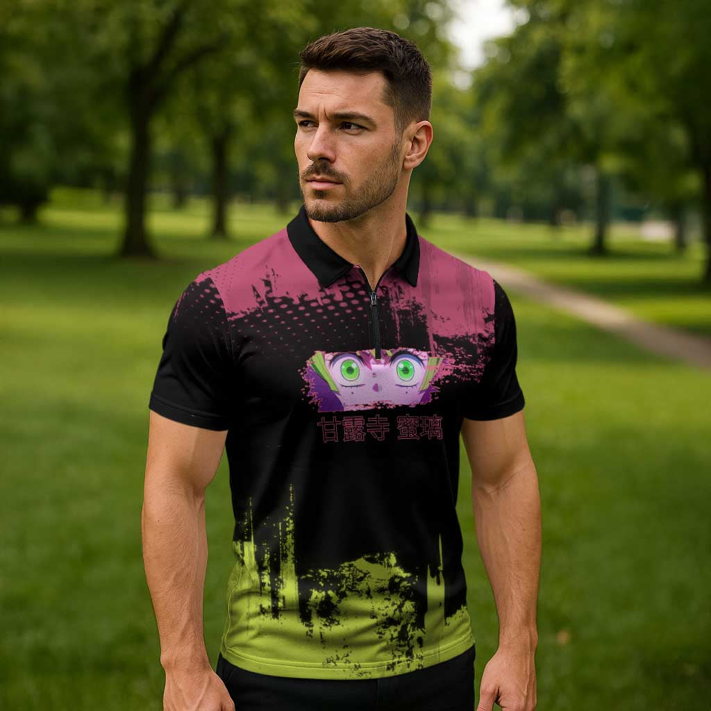 Mitsuri Kanroji Demon Slayer Pink and Green Grunge Design Zipper Polo Shirt with Heart Eyes and Playful Pose - The Mazicc