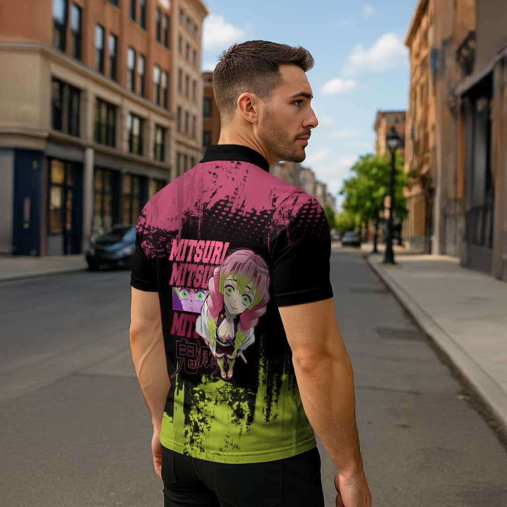 Mitsuri Kanroji Demon Slayer Pink and Green Grunge Design Zipper Polo Shirt with Heart Eyes and Playful Pose - The Mazicc