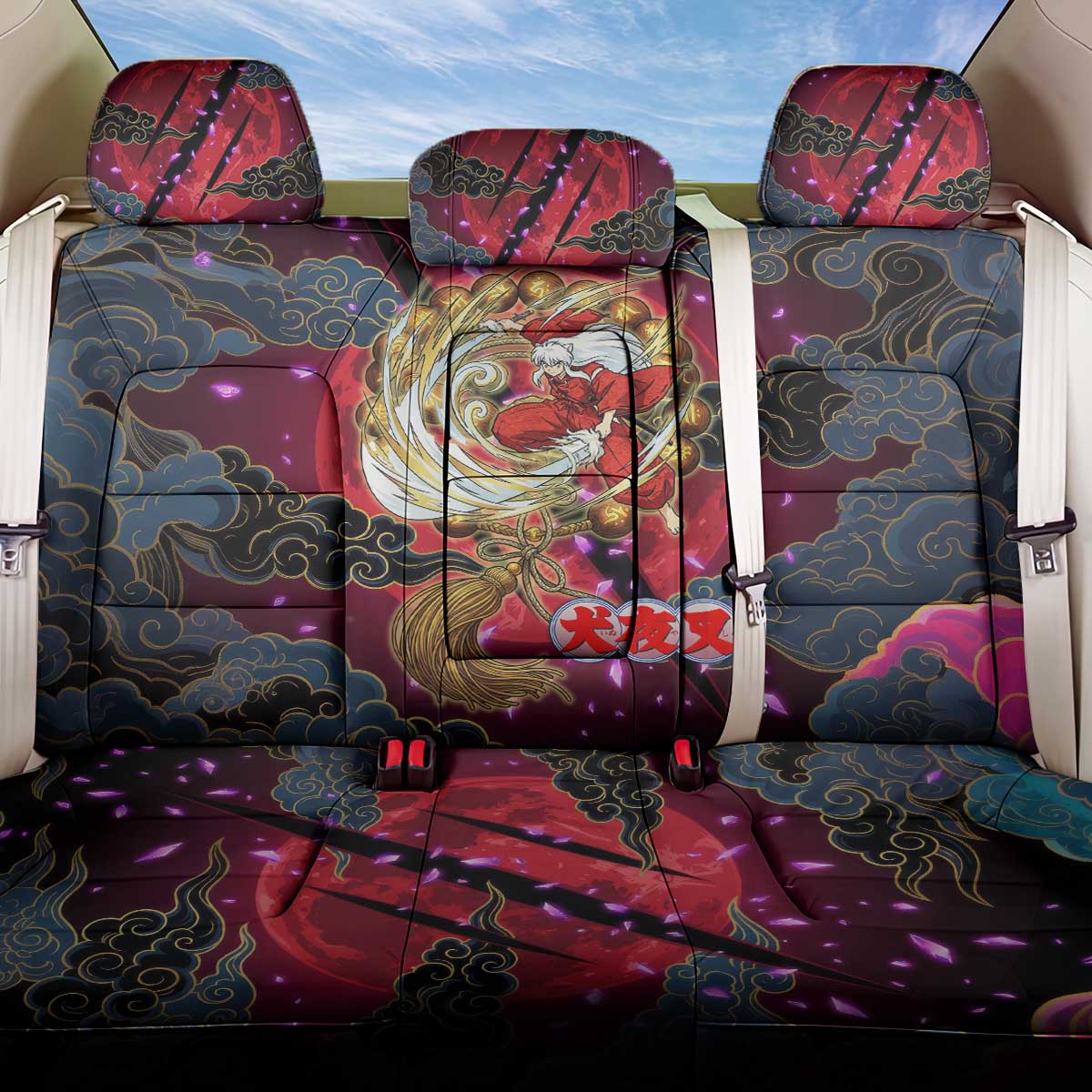 Inuyasha Demon Slayer Warrior Back Car Seat Cover Japanese Tattoo Art Style with Fiery Claw Marks
