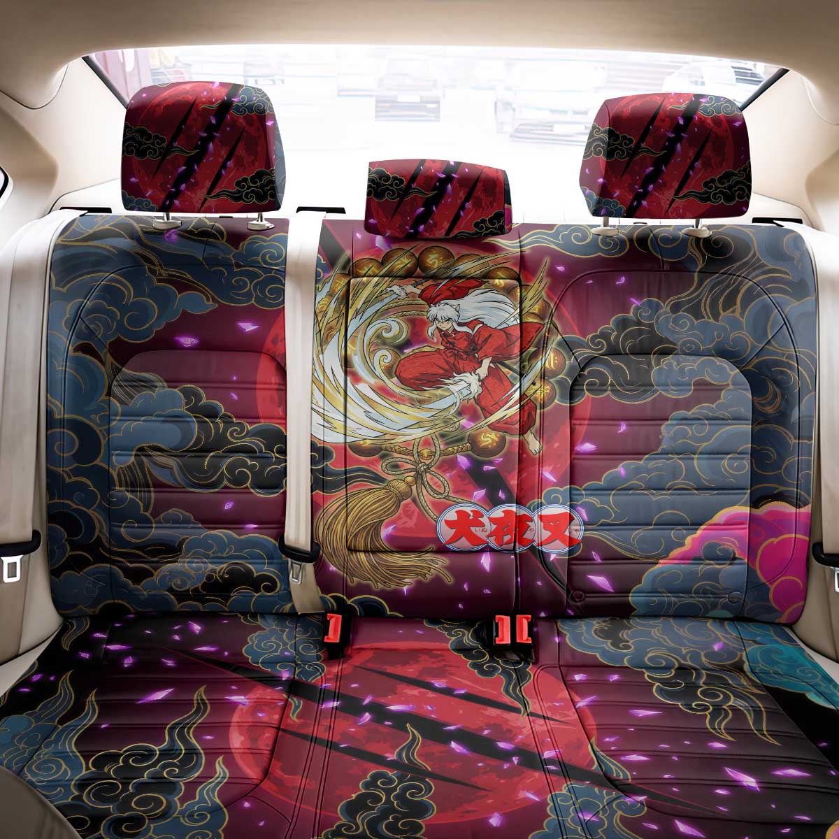 Inuyasha Demon Slayer Warrior Back Car Seat Cover Japanese Tattoo Art Style with Fiery Claw Marks