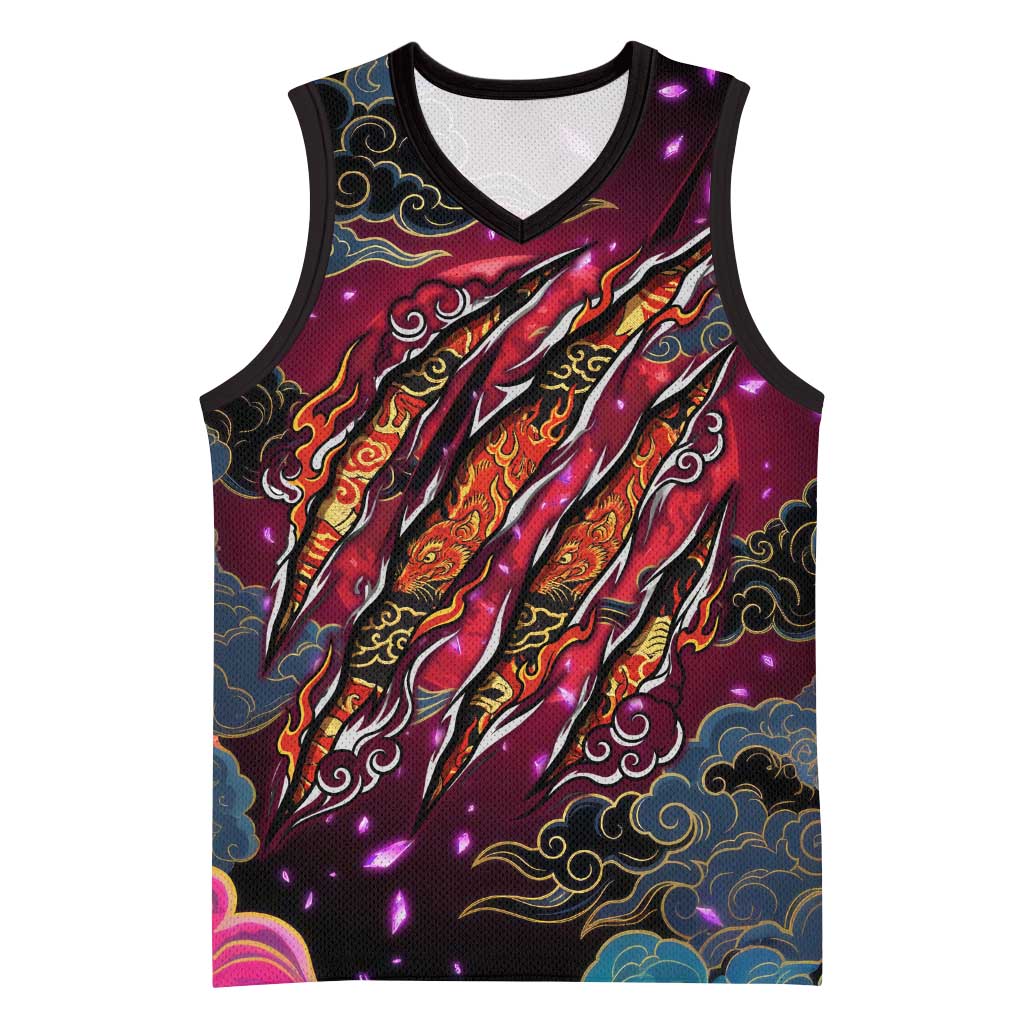 Inuyasha Demon Slayer Warrior Basketball Jersey Japanese Tattoo Art Style with Fiery Claw Marks