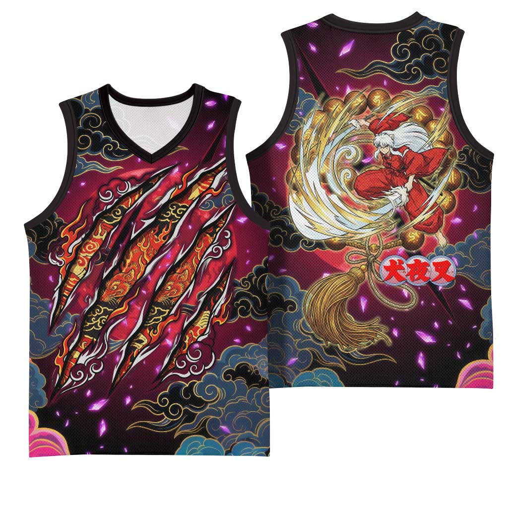 Inuyasha Demon Slayer Warrior Basketball Jersey Japanese Tattoo Art Style with Fiery Claw Marks