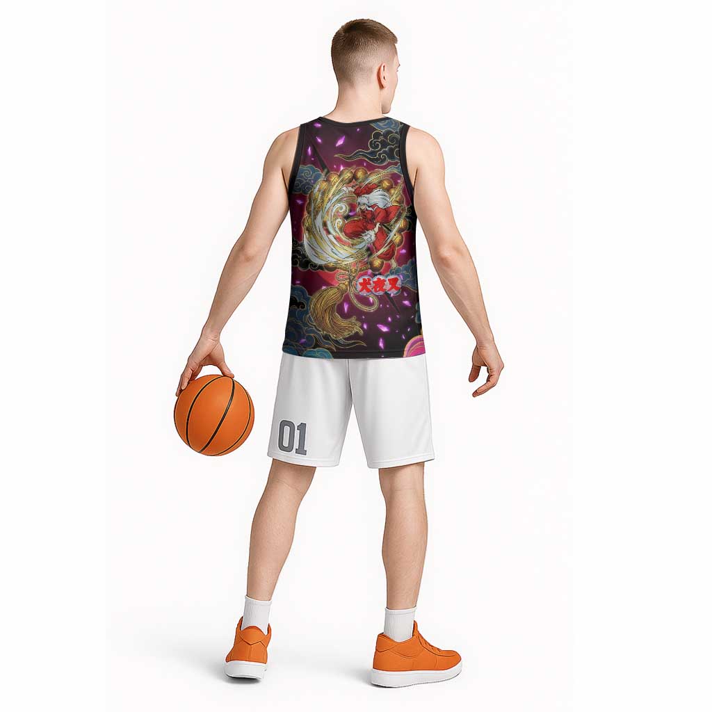 Inuyasha Demon Slayer Warrior Basketball Jersey Japanese Tattoo Art Style with Fiery Claw Marks