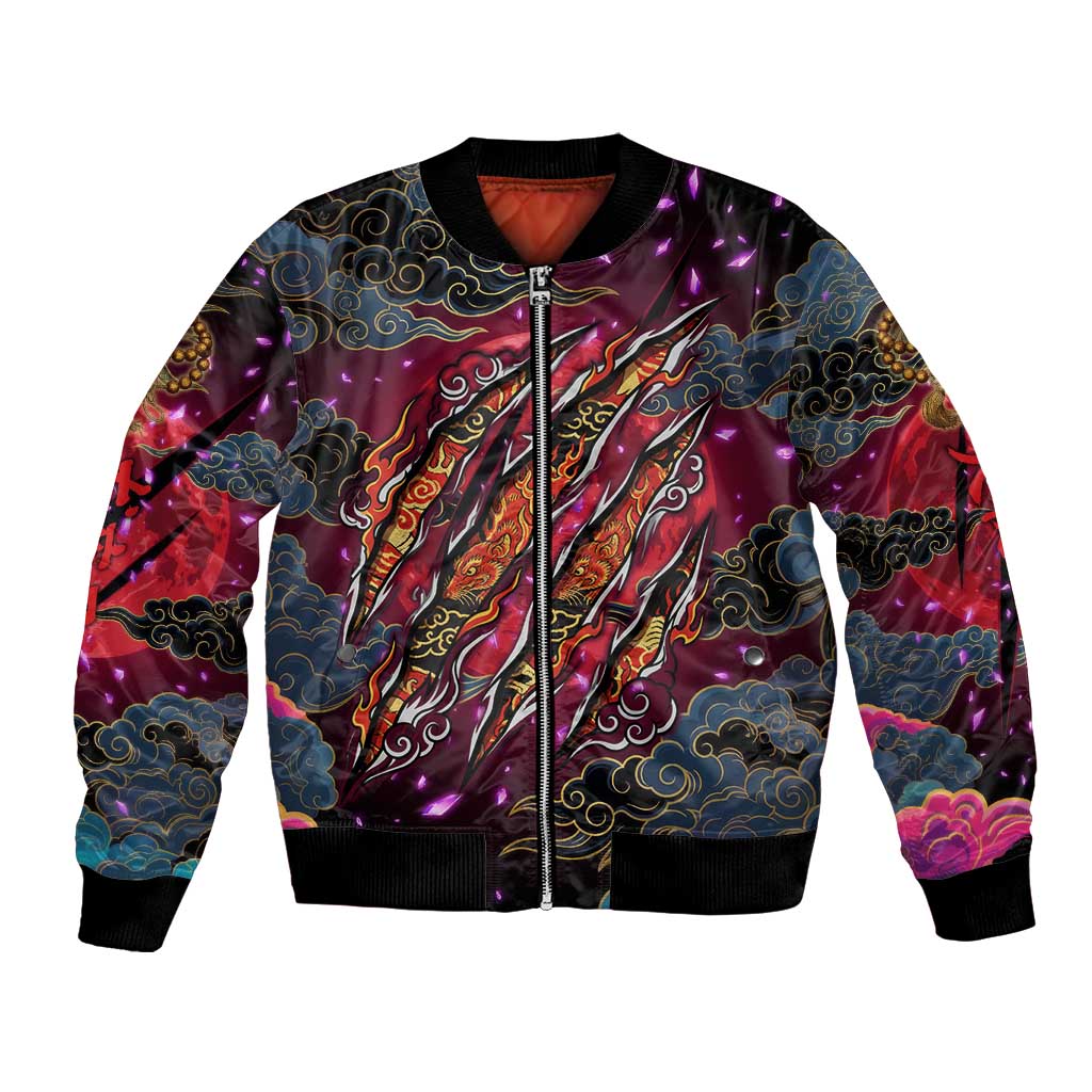 Inuyasha Demon Slayer Warrior Bomber Jacket Japanese Tattoo Art Style with Fiery Claw Marks