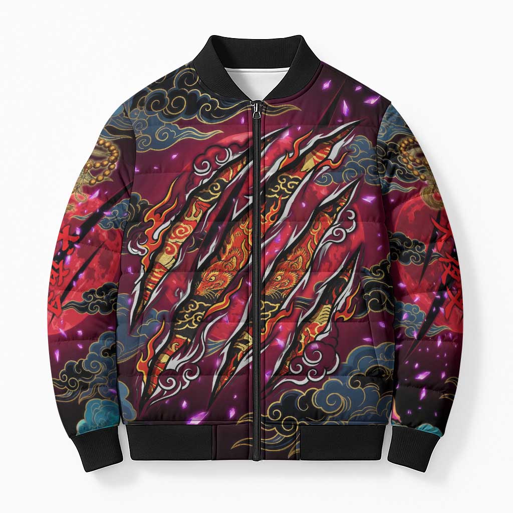 Inuyasha Demon Slayer Warrior Bomber Puffer Jacket Japanese Tattoo Art Style with Fiery Claw Marks