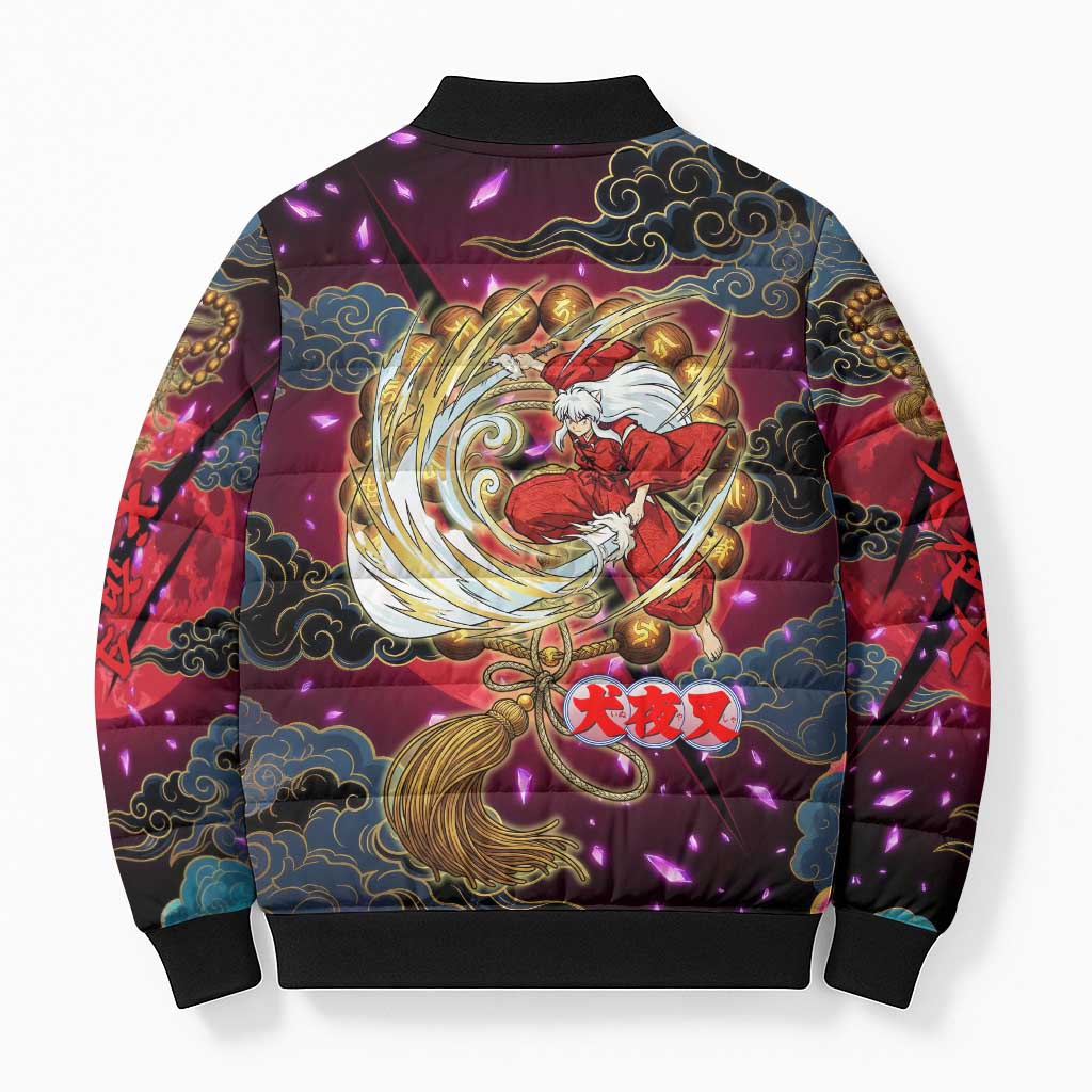 Inuyasha Demon Slayer Warrior Bomber Puffer Jacket Japanese Tattoo Art Style with Fiery Claw Marks