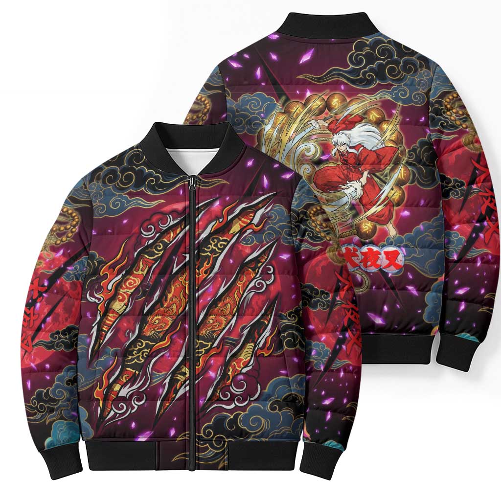 Inuyasha Demon Slayer Warrior Bomber Puffer Jacket Japanese Tattoo Art Style with Fiery Claw Marks