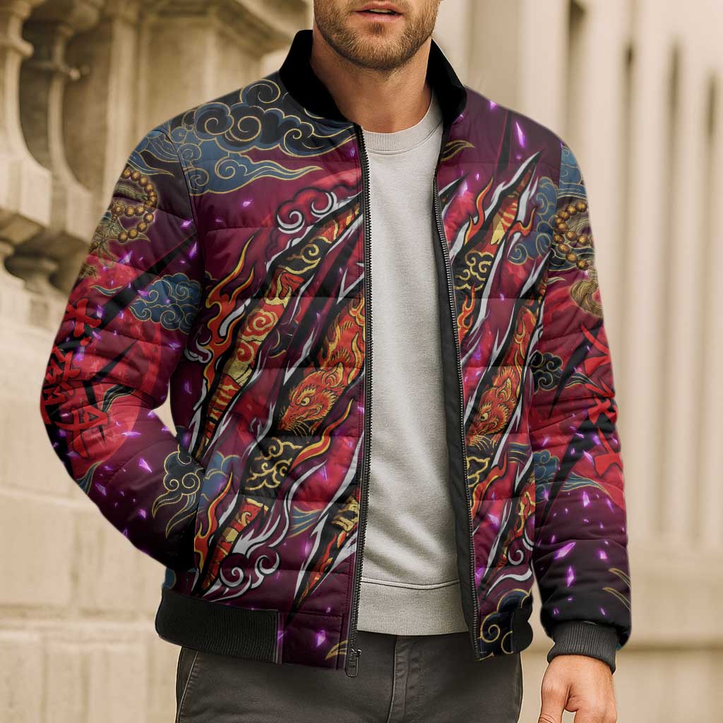 Inuyasha Demon Slayer Warrior Bomber Puffer Jacket Japanese Tattoo Art Style with Fiery Claw Marks