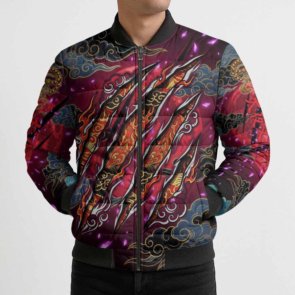 Inuyasha Demon Slayer Warrior Bomber Puffer Jacket Japanese Tattoo Art Style with Fiery Claw Marks