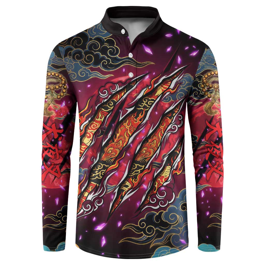 Inuyasha Demon Slayer Warrior Button Sweatshirt Japanese Tattoo Art Style with Fiery Claw Marks