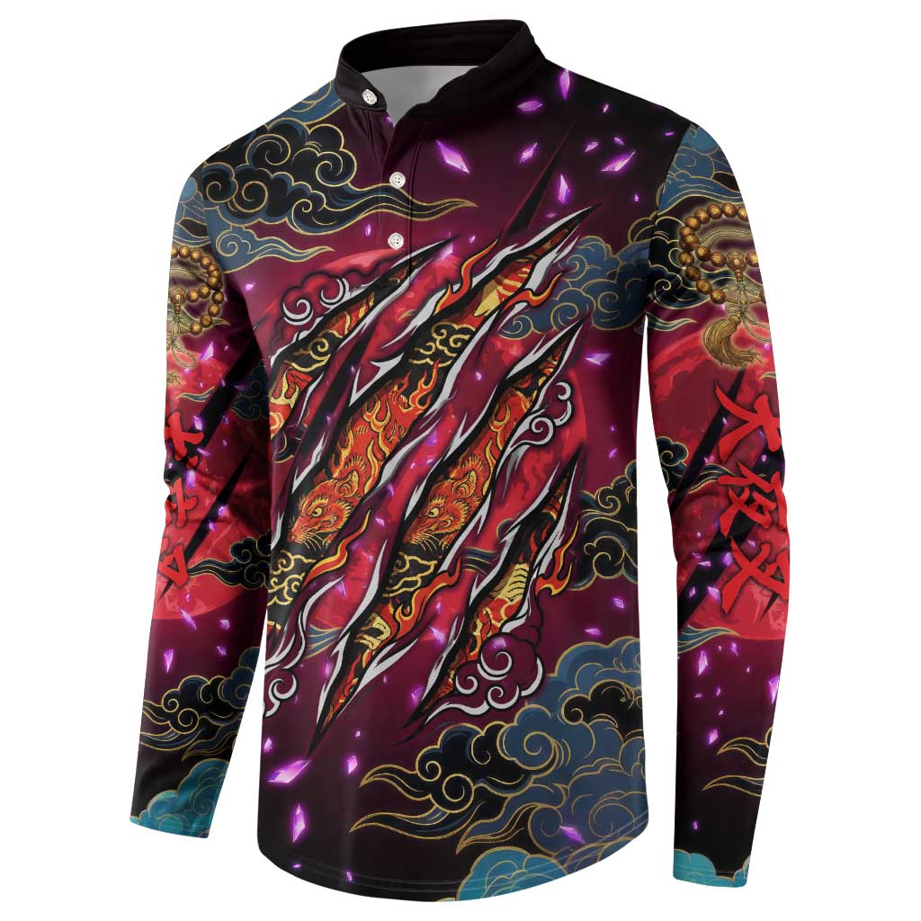 Inuyasha Demon Slayer Warrior Button Sweatshirt Japanese Tattoo Art Style with Fiery Claw Marks