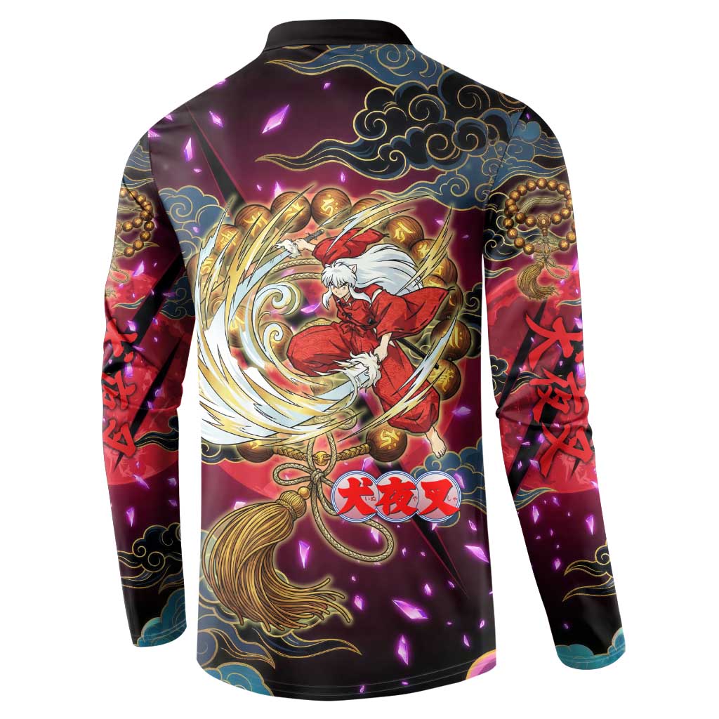 Inuyasha Demon Slayer Warrior Button Sweatshirt Japanese Tattoo Art Style with Fiery Claw Marks