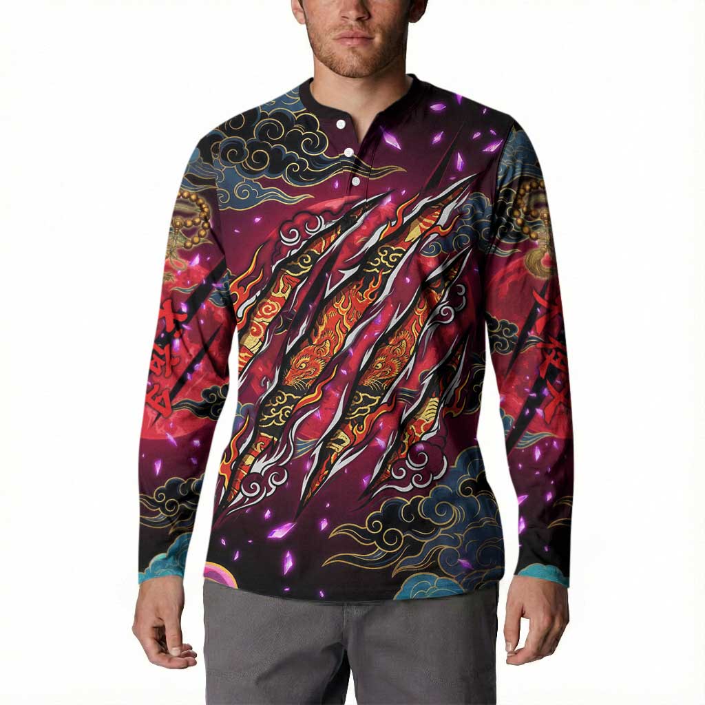 Inuyasha Demon Slayer Warrior Button Sweatshirt Japanese Tattoo Art Style with Fiery Claw Marks