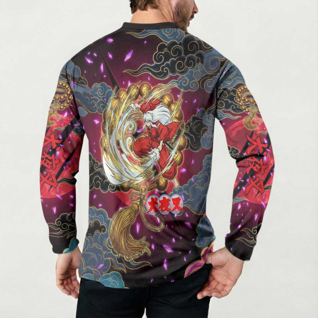 Inuyasha Demon Slayer Warrior Button Sweatshirt Japanese Tattoo Art Style with Fiery Claw Marks
