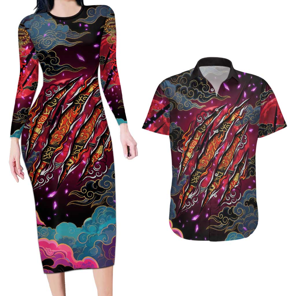 Inuyasha Demon Slayer Warrior Couples Matching Long Sleeve Bodycon Dress and Hawaiian Shirt Japanese Tattoo Art Style with Fiery Claw Marks