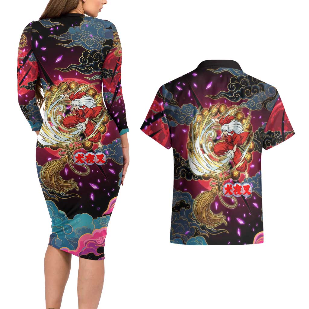 Inuyasha Demon Slayer Warrior Couples Matching Long Sleeve Bodycon Dress and Hawaiian Shirt Japanese Tattoo Art Style with Fiery Claw Marks