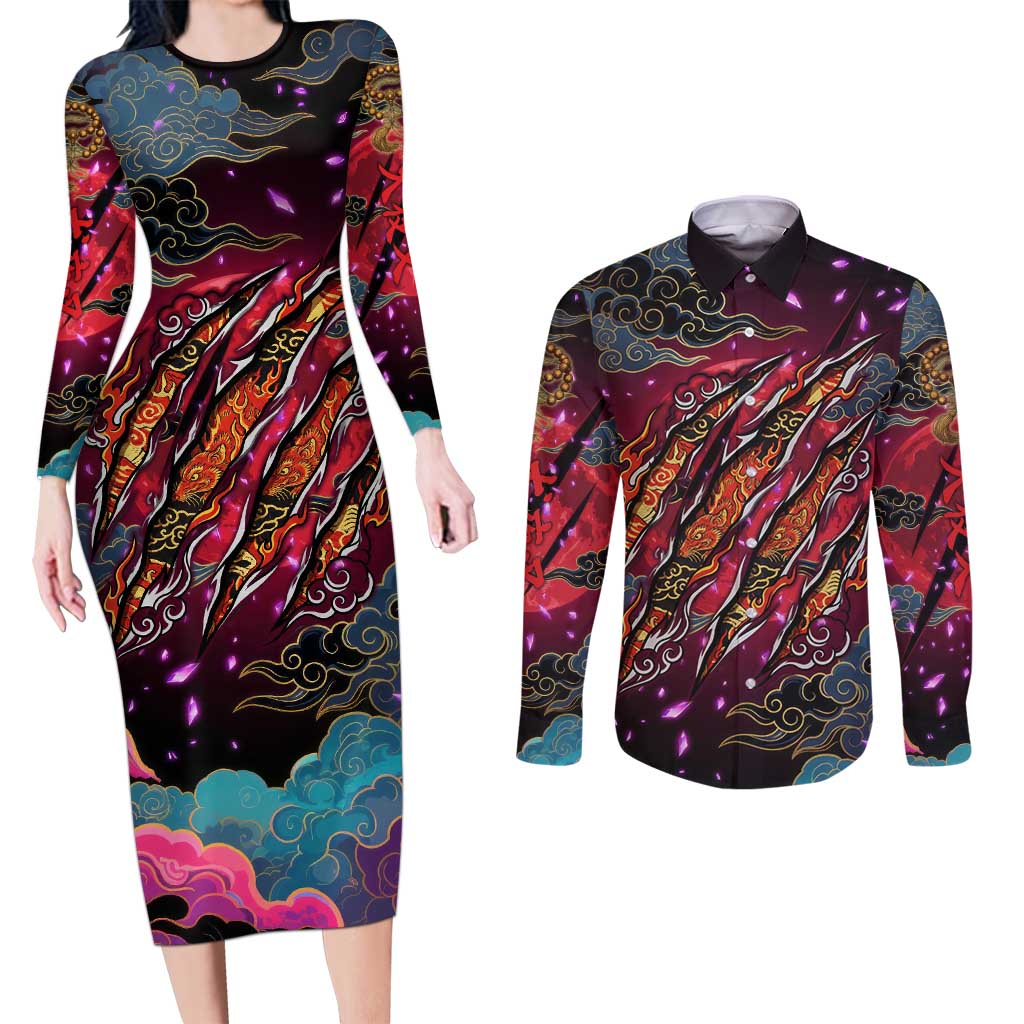 Inuyasha Demon Slayer Warrior Couples Matching Long Sleeve Bodycon Dress and Long Sleeve Button Shirt Japanese Tattoo Art Style with Fiery Claw Marks