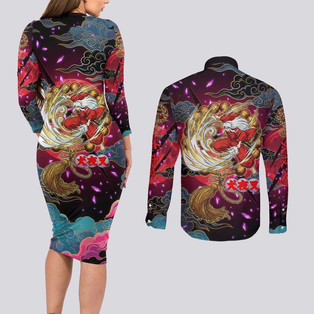 Inuyasha Demon Slayer Warrior Couples Matching Long Sleeve Bodycon Dress and Long Sleeve Button Shirt Japanese Tattoo Art Style with Fiery Claw Marks
