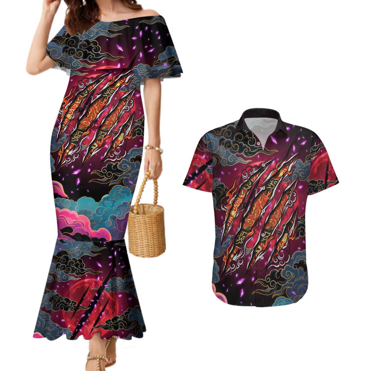 Inuyasha Demon Slayer Warrior Couples Matching Mermaid Dress and Hawaiian Shirt Japanese Tattoo Art Style with Fiery Claw Marks