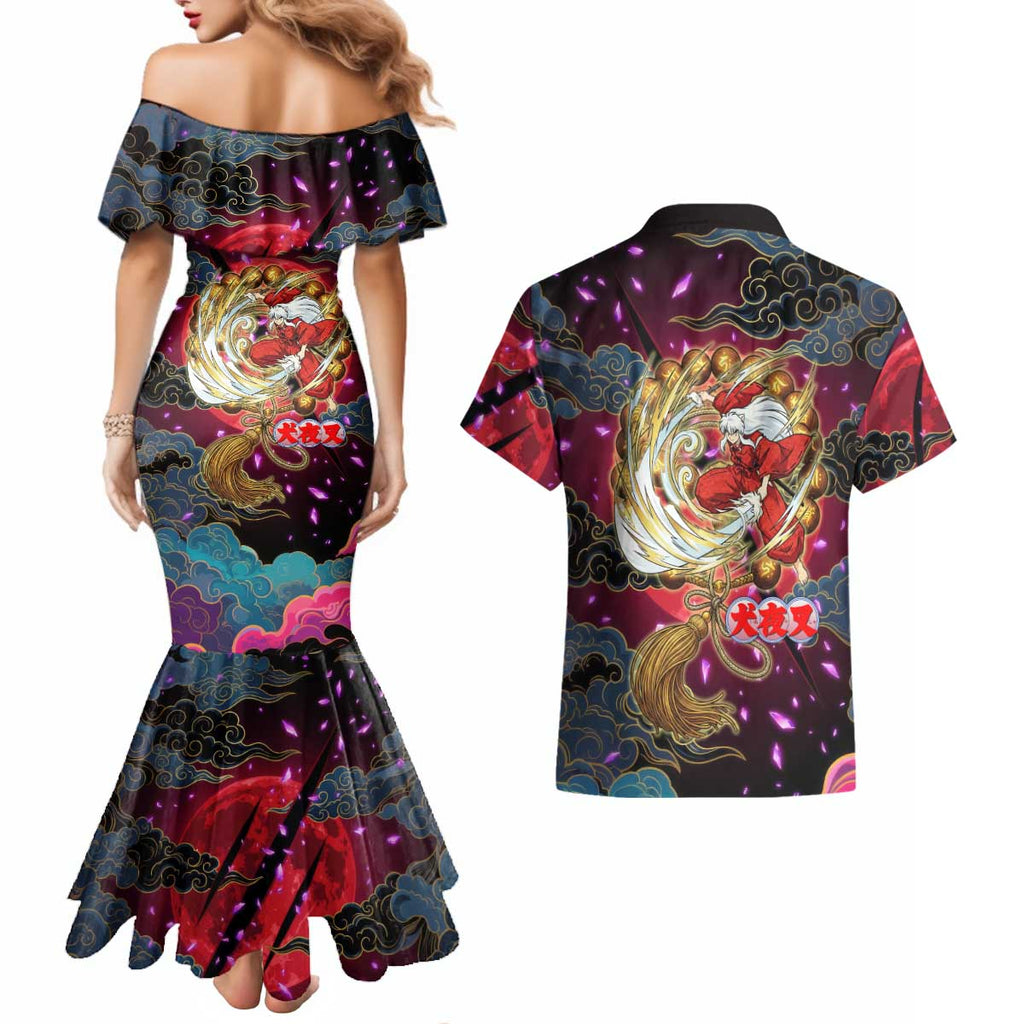 Inuyasha Demon Slayer Warrior Couples Matching Mermaid Dress and Hawaiian Shirt Japanese Tattoo Art Style with Fiery Claw Marks