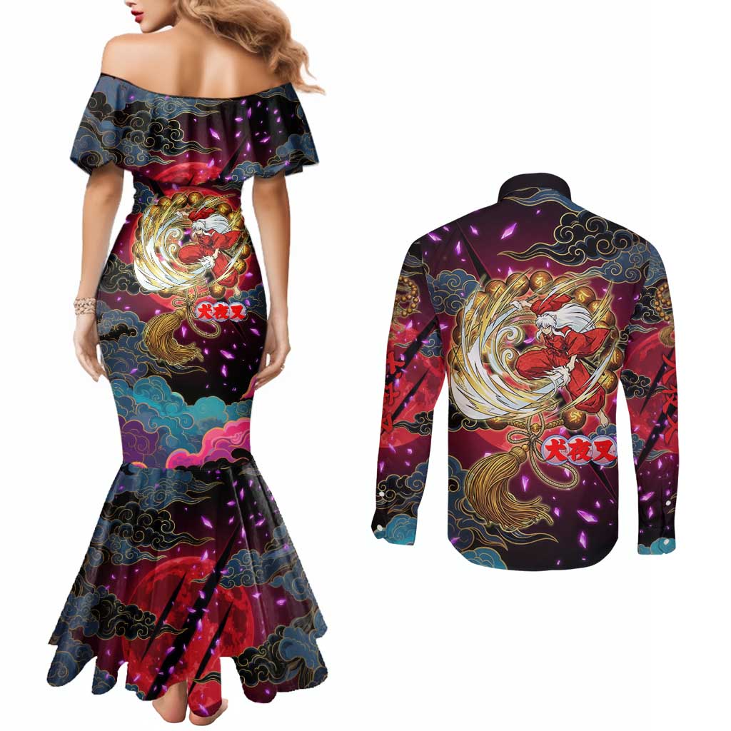 Inuyasha Demon Slayer Warrior Couples Matching Mermaid Dress and Long Sleeve Button Shirt Japanese Tattoo Art Style with Fiery Claw Marks
