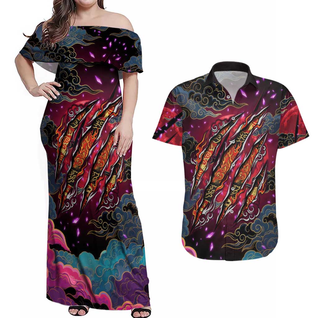 Inuyasha Demon Slayer Warrior Couples Matching Off Shoulder Maxi Dress and Hawaiian Shirt Japanese Tattoo Art Style with Fiery Claw Marks