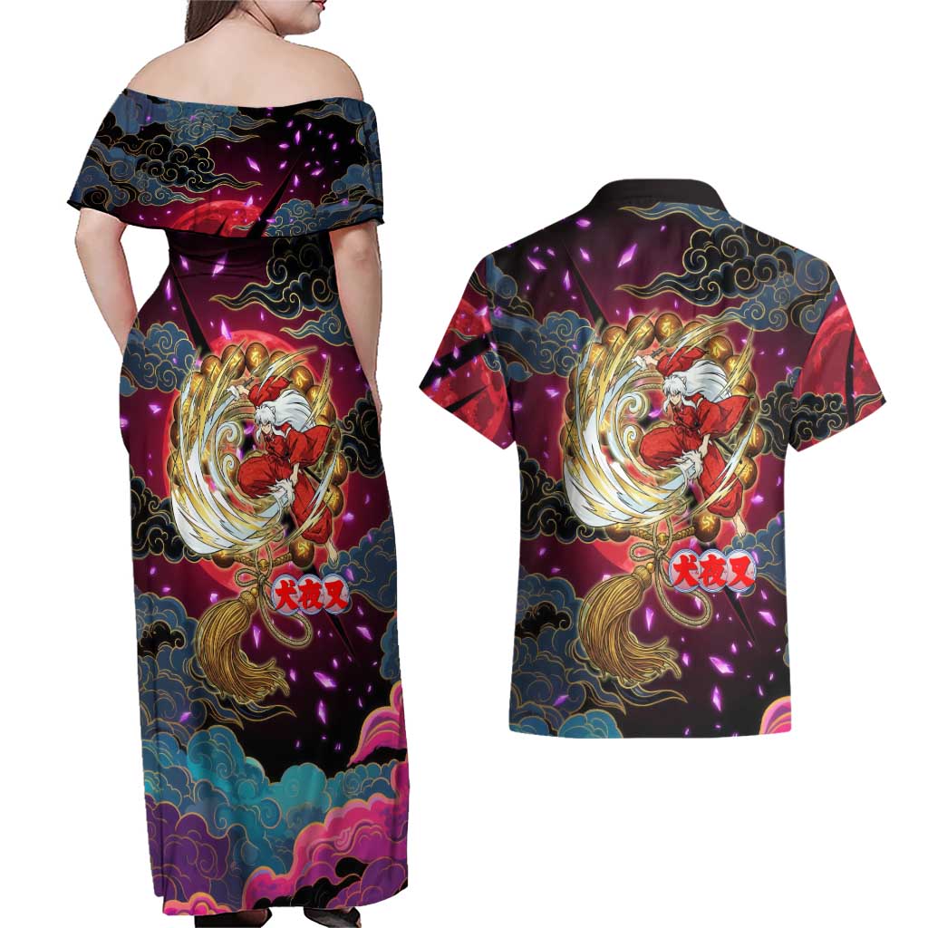 Inuyasha Demon Slayer Warrior Couples Matching Off Shoulder Maxi Dress and Hawaiian Shirt Japanese Tattoo Art Style with Fiery Claw Marks