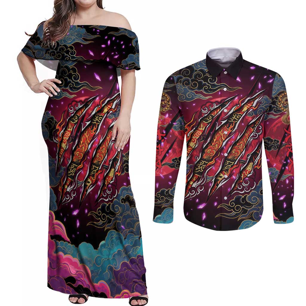 Inuyasha Demon Slayer Warrior Couples Matching Off Shoulder Maxi Dress and Long Sleeve Button Shirt Japanese Tattoo Art Style with Fiery Claw Marks