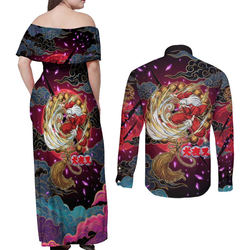 Inuyasha Demon Slayer Warrior Couples Matching Off Shoulder Maxi Dress and Long Sleeve Button Shirt Japanese Tattoo Art Style with Fiery Claw Marks