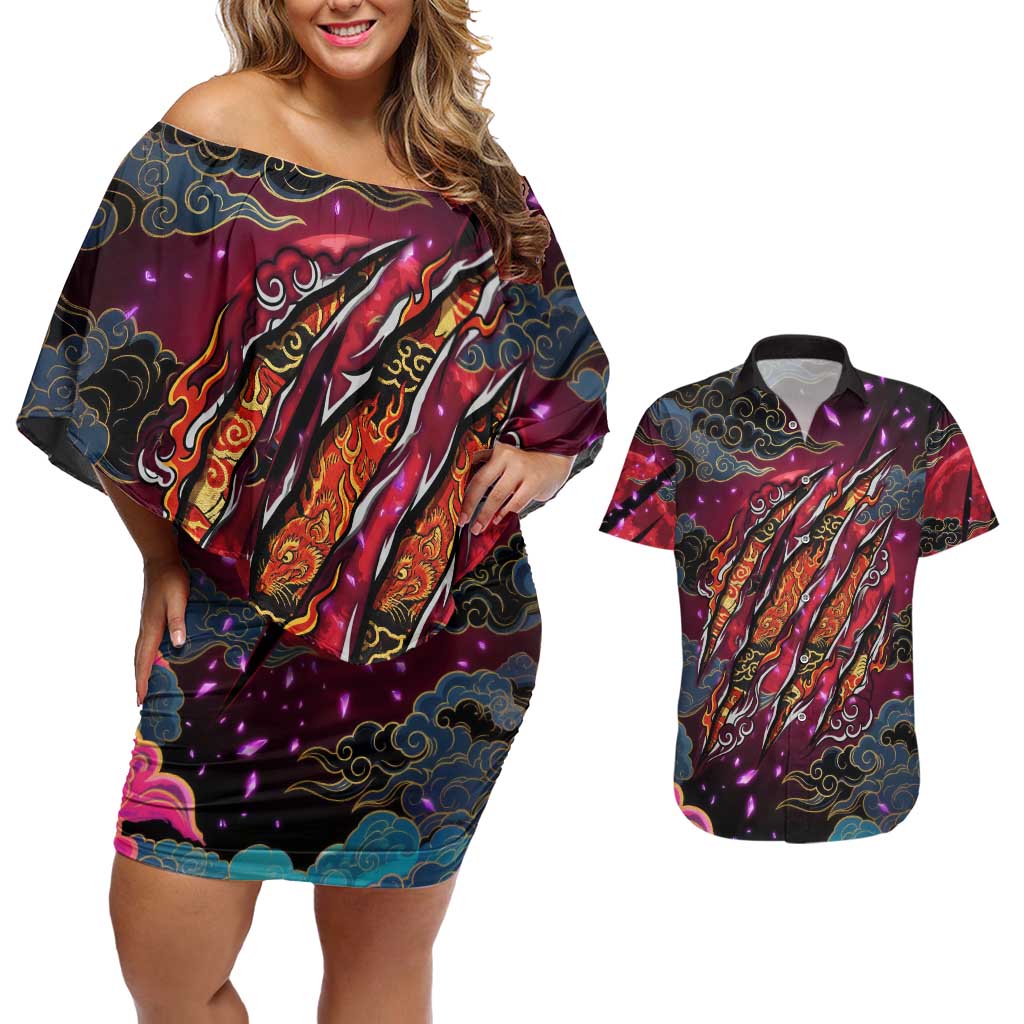Inuyasha Demon Slayer Warrior Couples Matching Off Shoulder Short Dress and Hawaiian Shirt Japanese Tattoo Art Style with Fiery Claw Marks
