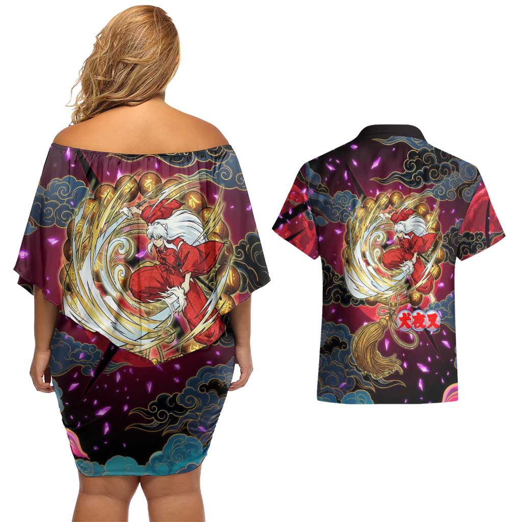 Inuyasha Demon Slayer Warrior Couples Matching Off Shoulder Short Dress and Hawaiian Shirt Japanese Tattoo Art Style with Fiery Claw Marks