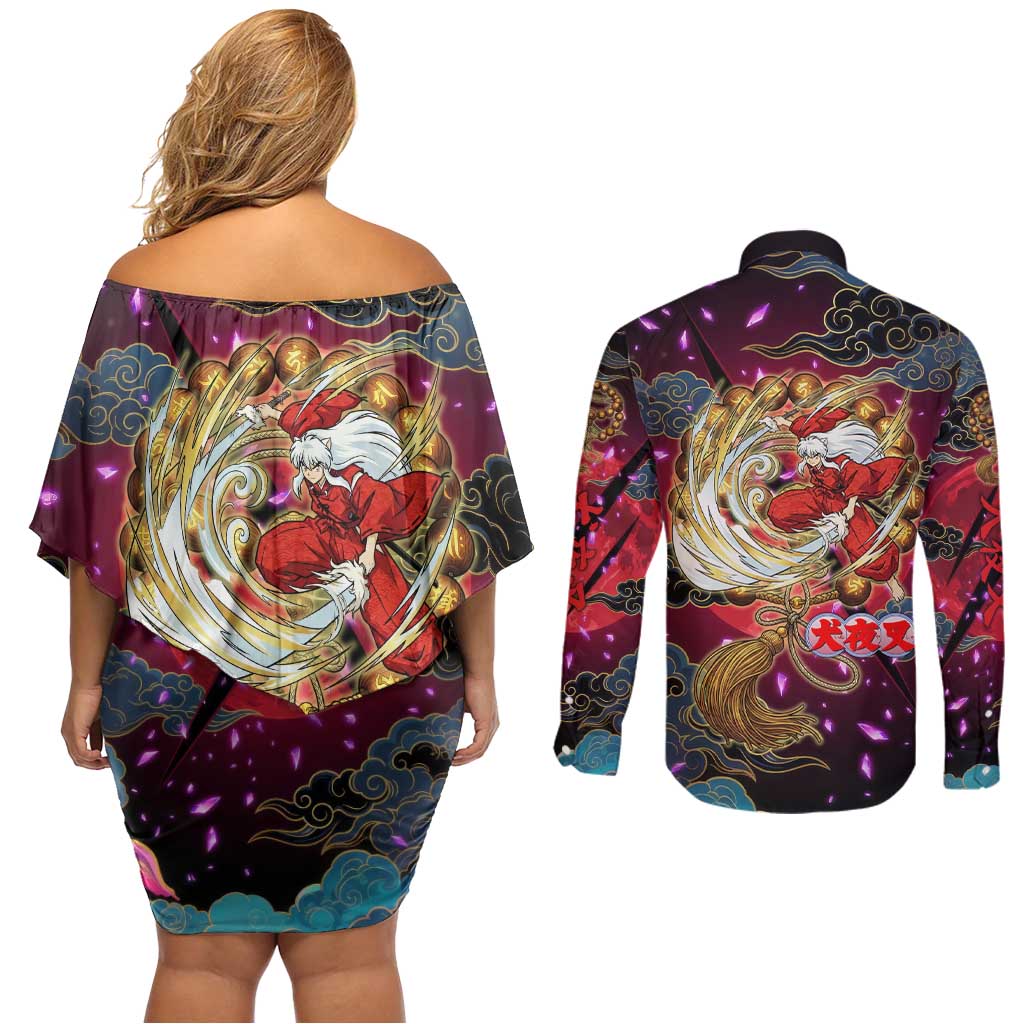 Inuyasha Demon Slayer Warrior Couples Matching Off Shoulder Short Dress and Long Sleeve Button Shirt Japanese Tattoo Art Style with Fiery Claw Marks