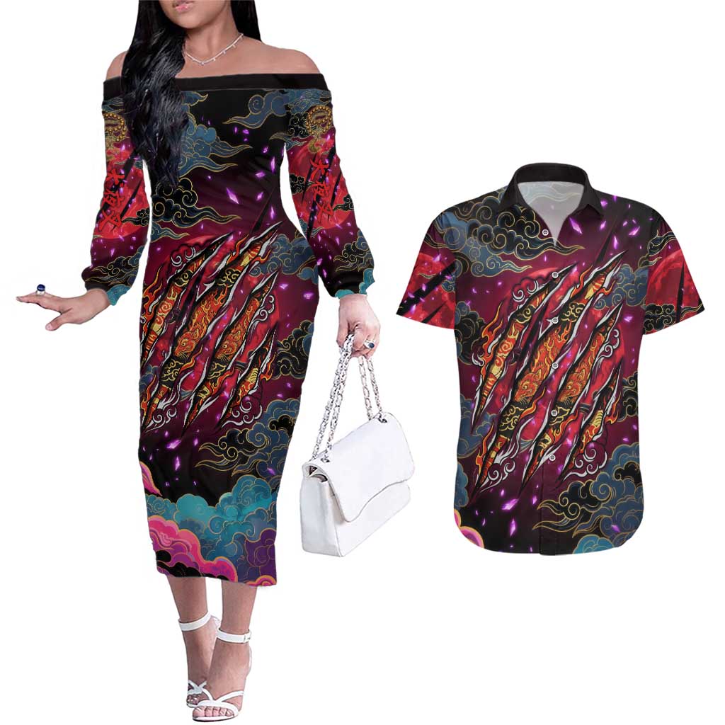 Inuyasha Demon Slayer Warrior Couples Matching Off The Shoulder Long Sleeve Dress and Hawaiian Shirt Japanese Tattoo Art Style with Fiery Claw Marks