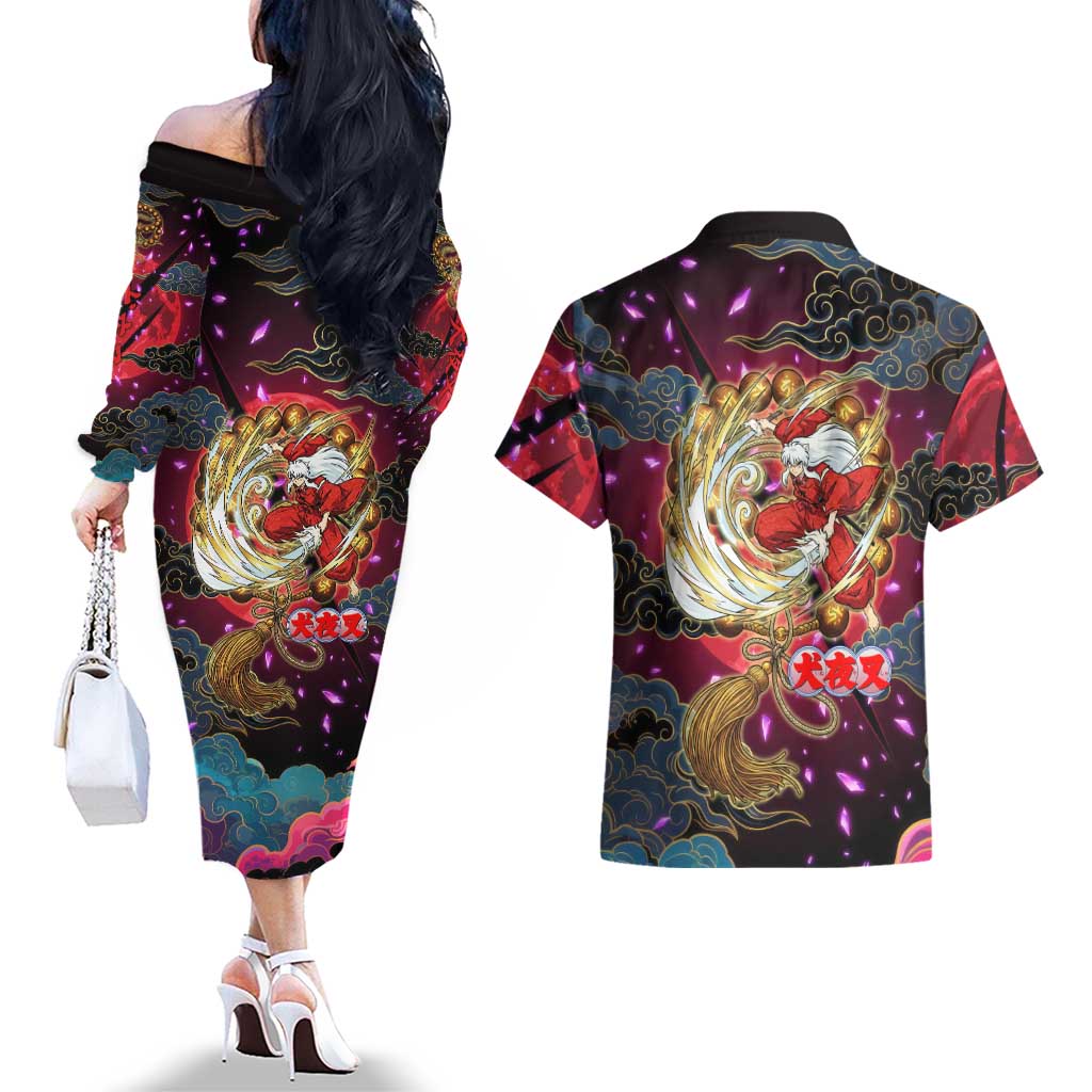Inuyasha Demon Slayer Warrior Couples Matching Off The Shoulder Long Sleeve Dress and Hawaiian Shirt Japanese Tattoo Art Style with Fiery Claw Marks