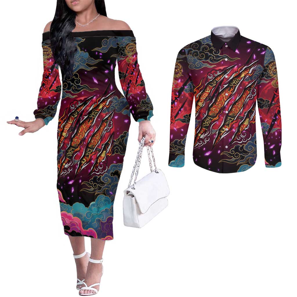 Inuyasha Demon Slayer Warrior Couples Matching Off The Shoulder Long Sleeve Dress and Long Sleeve Button Shirt Japanese Tattoo Art Style with Fiery Claw Marks