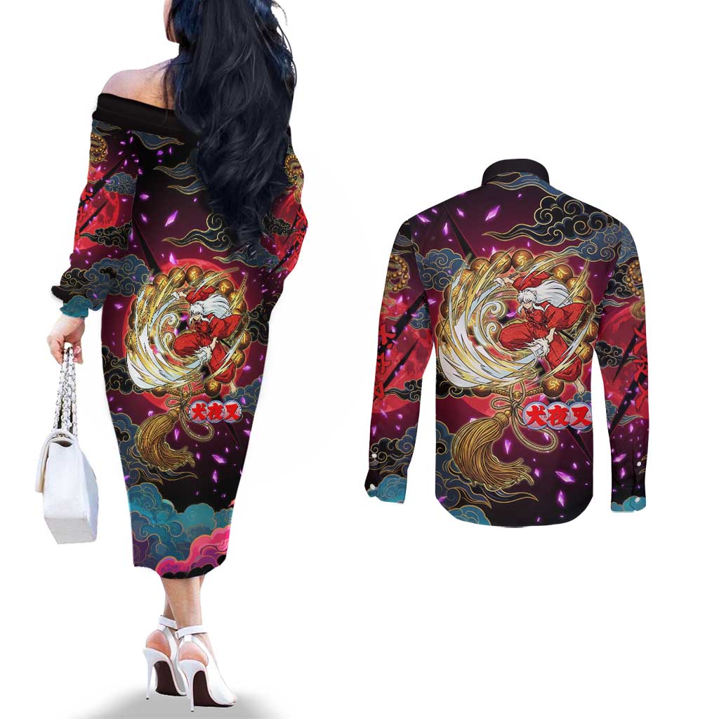 Inuyasha Demon Slayer Warrior Couples Matching Off The Shoulder Long Sleeve Dress and Long Sleeve Button Shirt Japanese Tattoo Art Style with Fiery Claw Marks