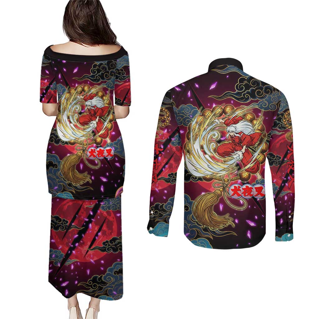 Inuyasha Demon Slayer Warrior Couples Matching Puletasi and Long Sleeve Button Shirt Japanese Tattoo Art Style with Fiery Claw Marks