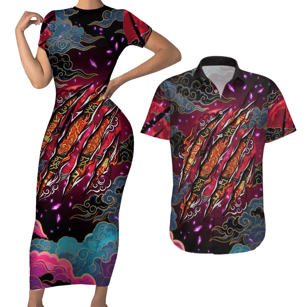 Inuyasha Demon Slayer Warrior Couples Matching Short Sleeve Bodycon Dress and Hawaiian Shirt Japanese Tattoo Art Style with Fiery Claw Marks