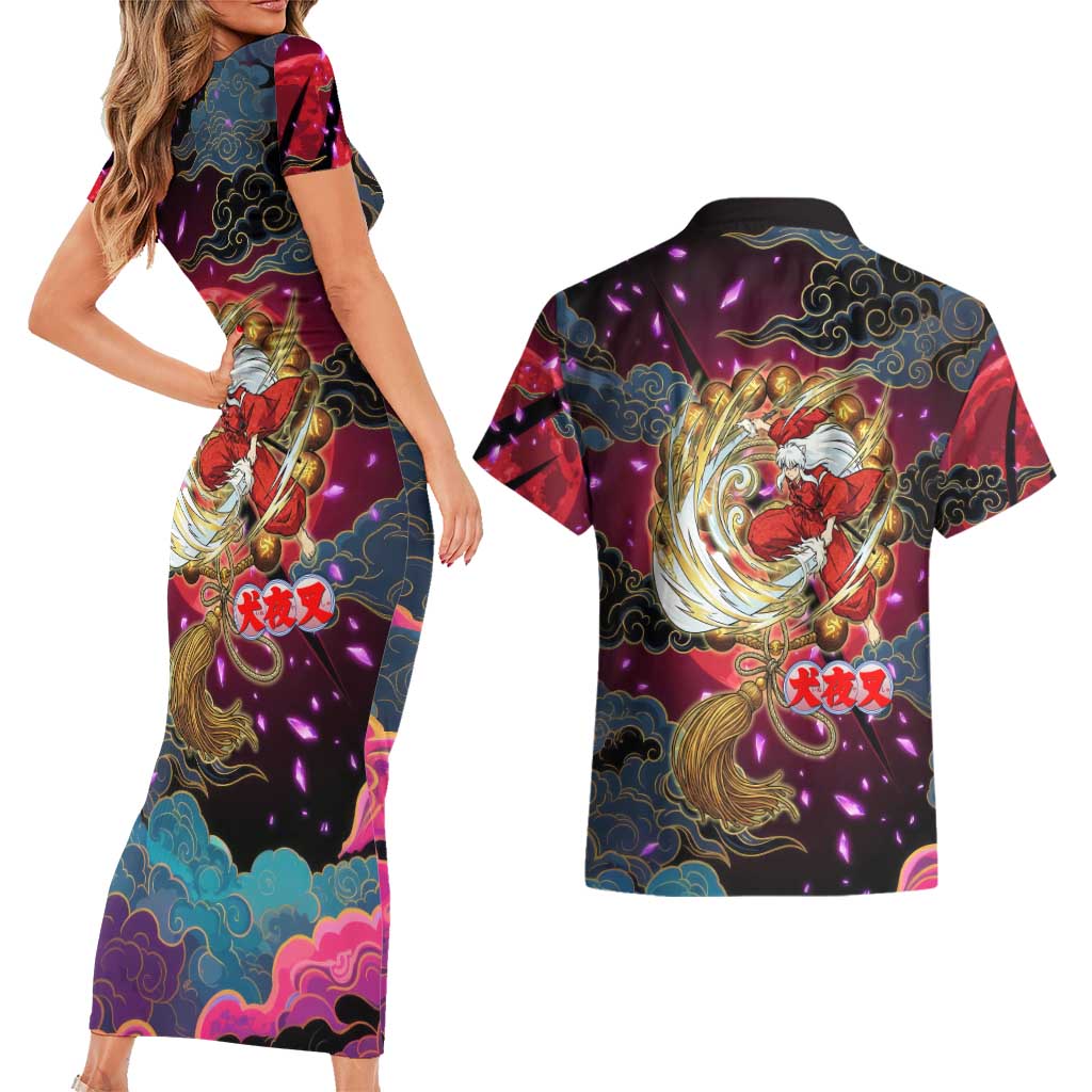 Inuyasha Demon Slayer Warrior Couples Matching Short Sleeve Bodycon Dress and Hawaiian Shirt Japanese Tattoo Art Style with Fiery Claw Marks