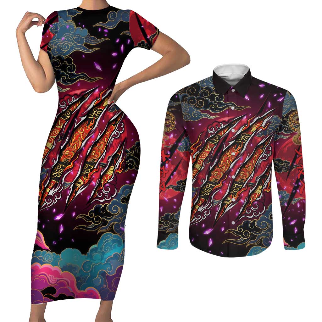 Inuyasha Demon Slayer Warrior Couples Matching Short Sleeve Bodycon Dress and Long Sleeve Button Shirt Japanese Tattoo Art Style with Fiery Claw Marks